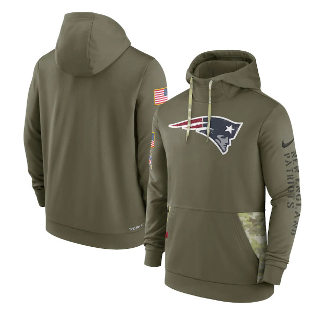 Men's New England Patriots 2022 Olive Salute to Service Therma Performance Pullover Hoodie